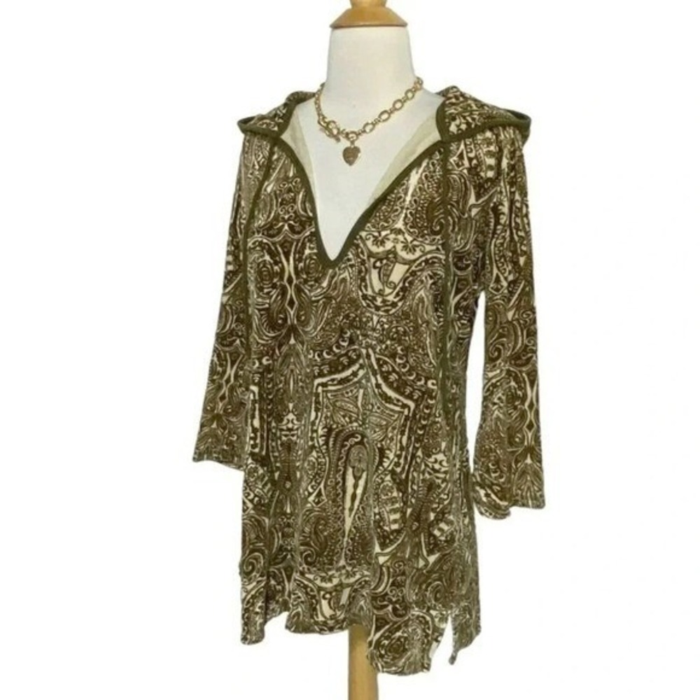 Y2K Juicy Couture Hooded Tunic Lg Olive Green Paisley V-Neck Velour Boho 3/4 Slv